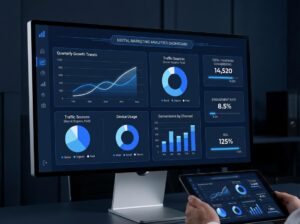 Data-driven digital marketing analytics dashboard tracking campaign performance, customer insights, and business growth.Digital Marketing Trends for 2026