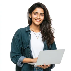 Young professional working on a laptop representing digital marketing services and online business growth.